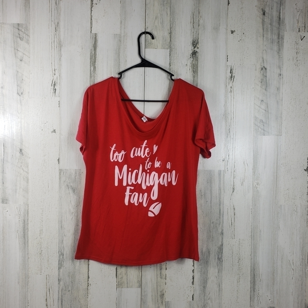 Bella off the shoulder too cute to be a Michigan fan, red tshirt women's M